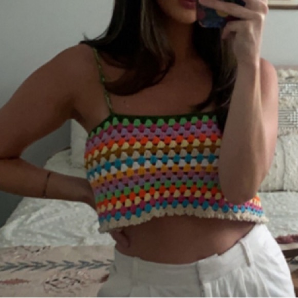 New Society Mano x Free People Colorful June M Green Crochet Handmade Crop Tank - Picture 6 of 14